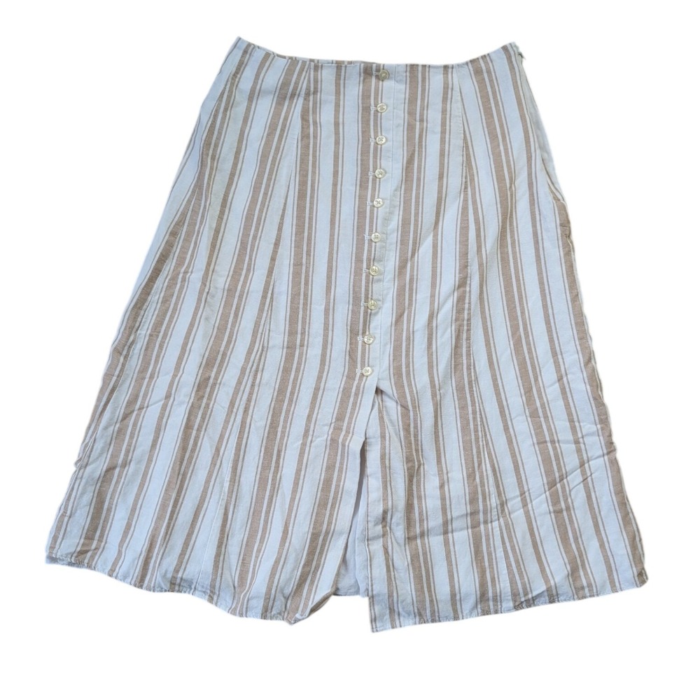 LOFT Petites Tan White Striped Button Front Midi Skirt Size 2P Side Zip Lined